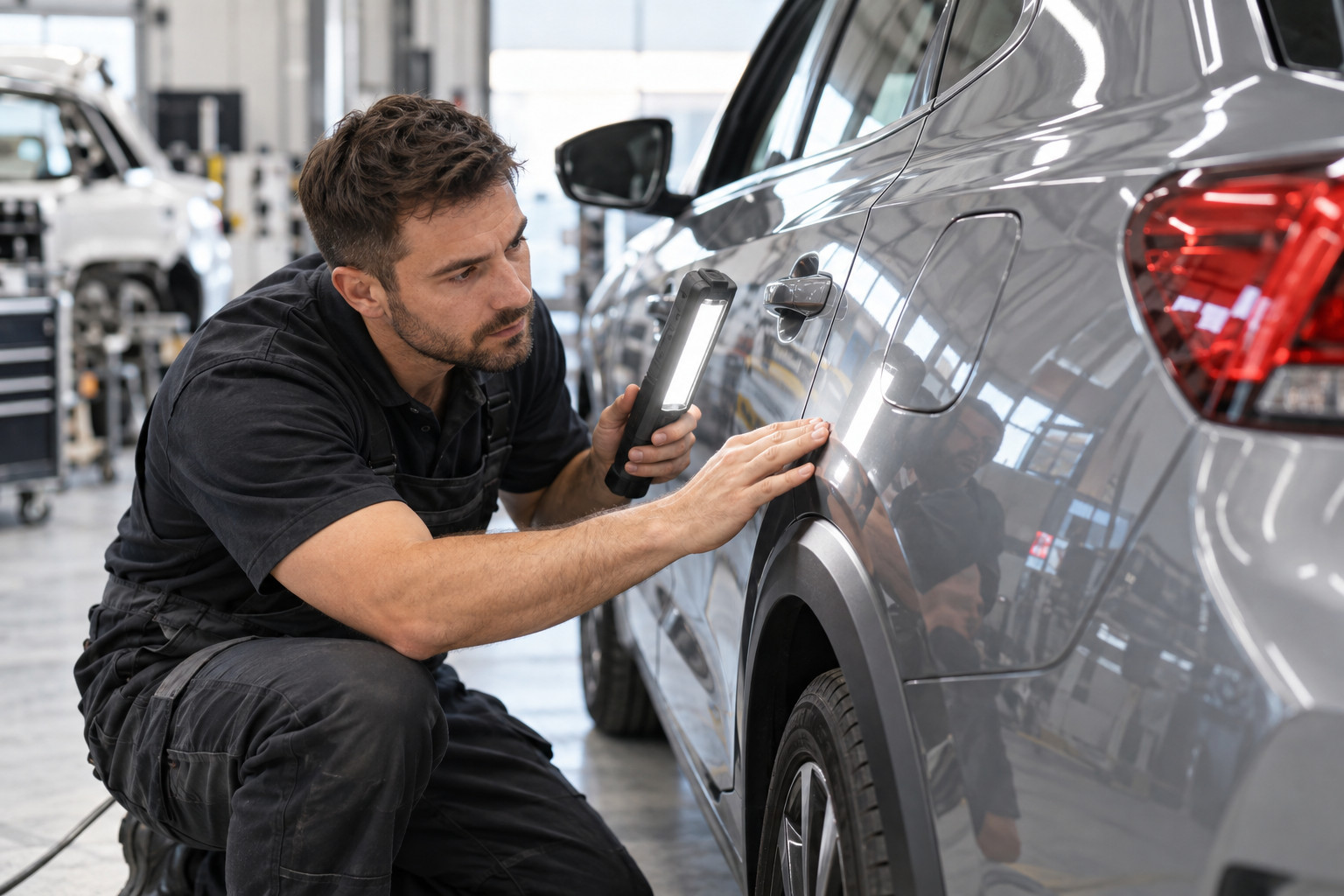 Technician checks the paint finish and panel seam on a repaired vehicle.