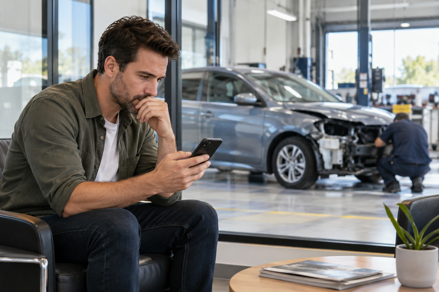 Driver checks a phone while a damaged car is assessed in the workshop behind him.