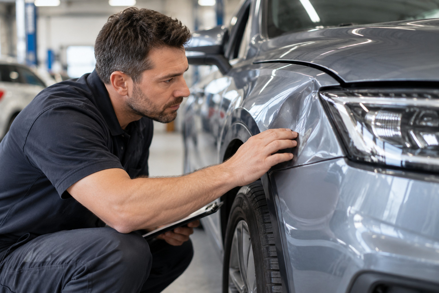 Estimator examines front guard damage before preparing a repair quote.