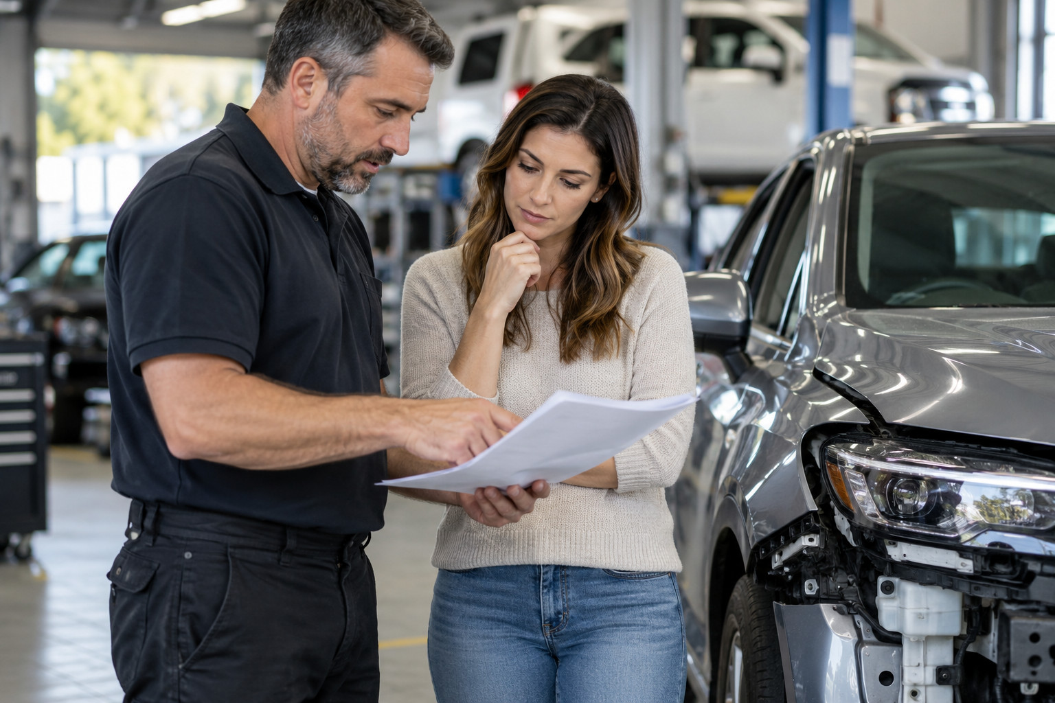 Estimator discusses a written repair estimate with a customer beside a car.