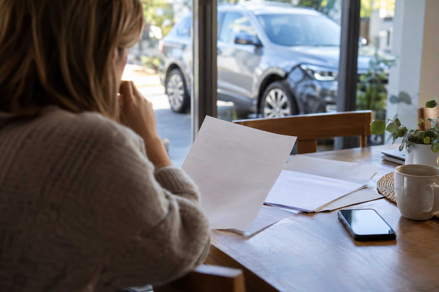 Customer reviews insurance papers at home with a car visible outside.