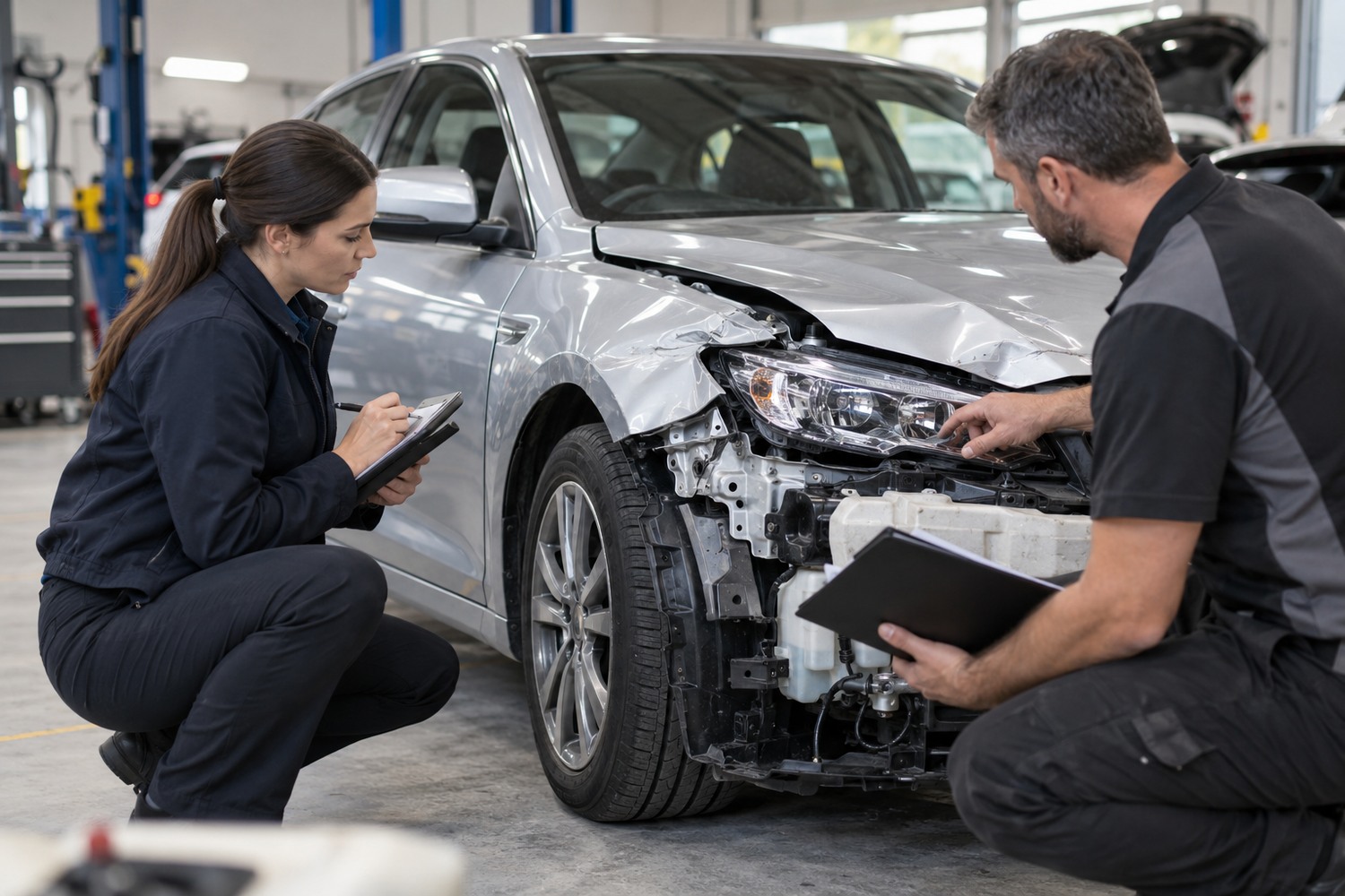 Assessor documenting crash damage while a repairer stands nearby.