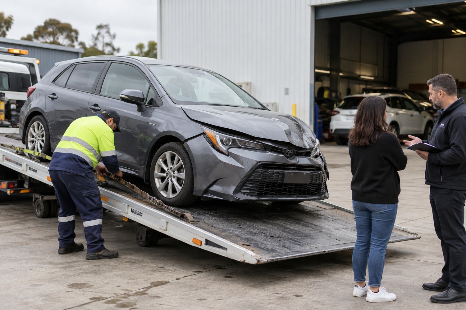 Damaged family car secured on a tilt-tray while owner and assessor discuss it.