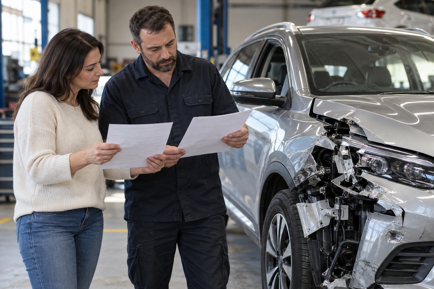 Owner and independent repairer reviewing an estimate beside the damaged car.