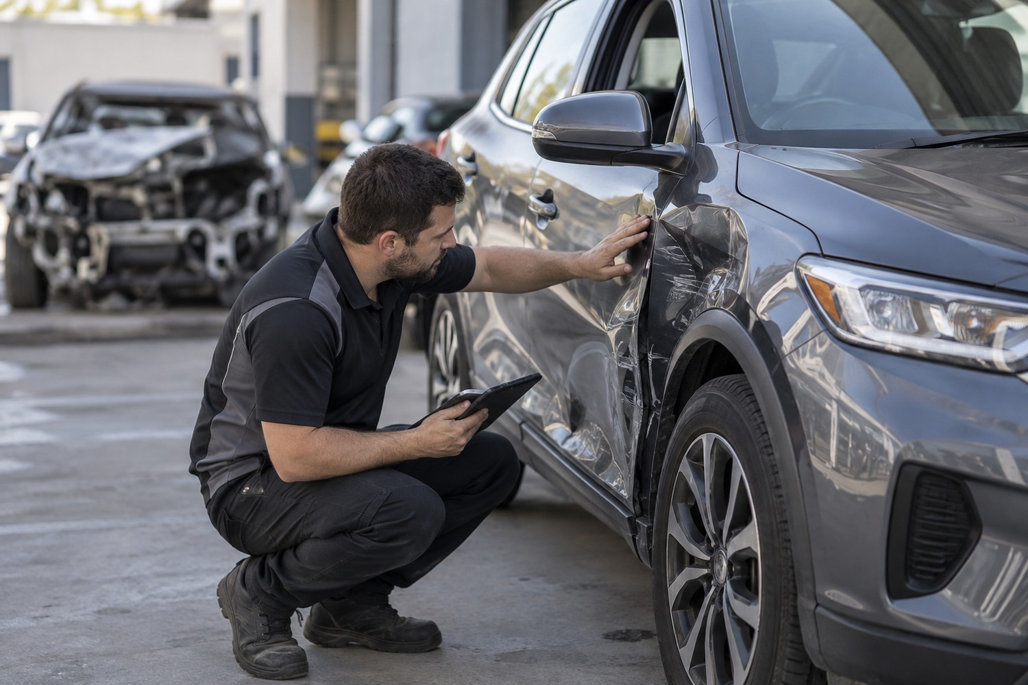 Technician inspecting a moderately damaged car with a more severe wreck blurred behind.