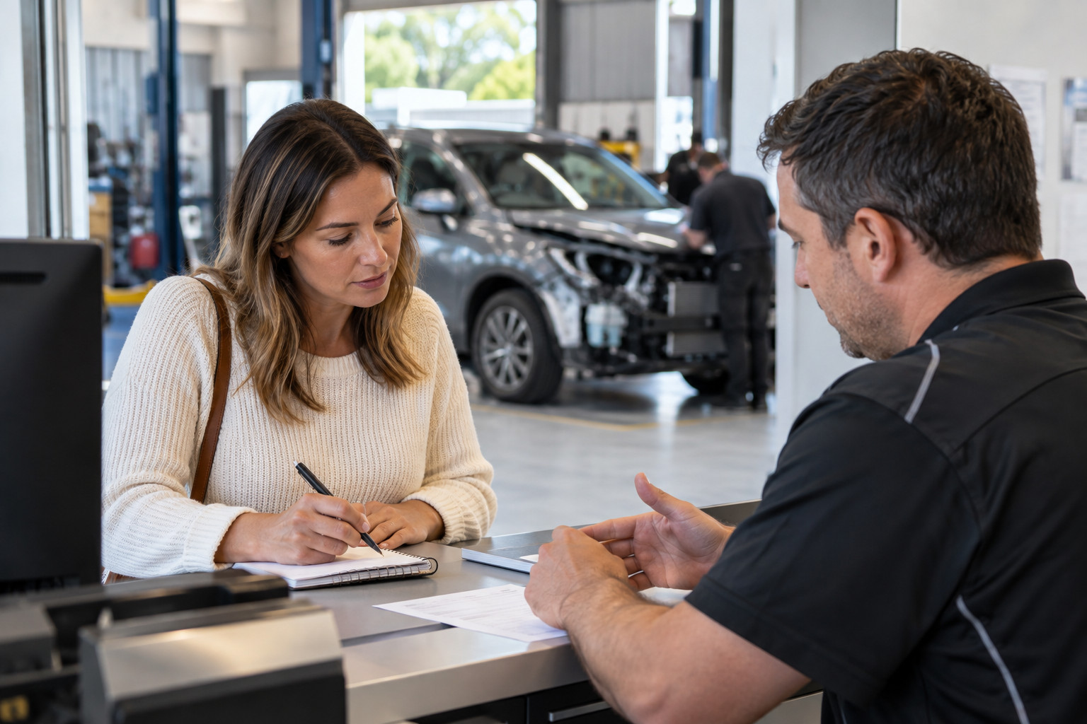 Customer takes notes during a discussion with a repair service adviser.