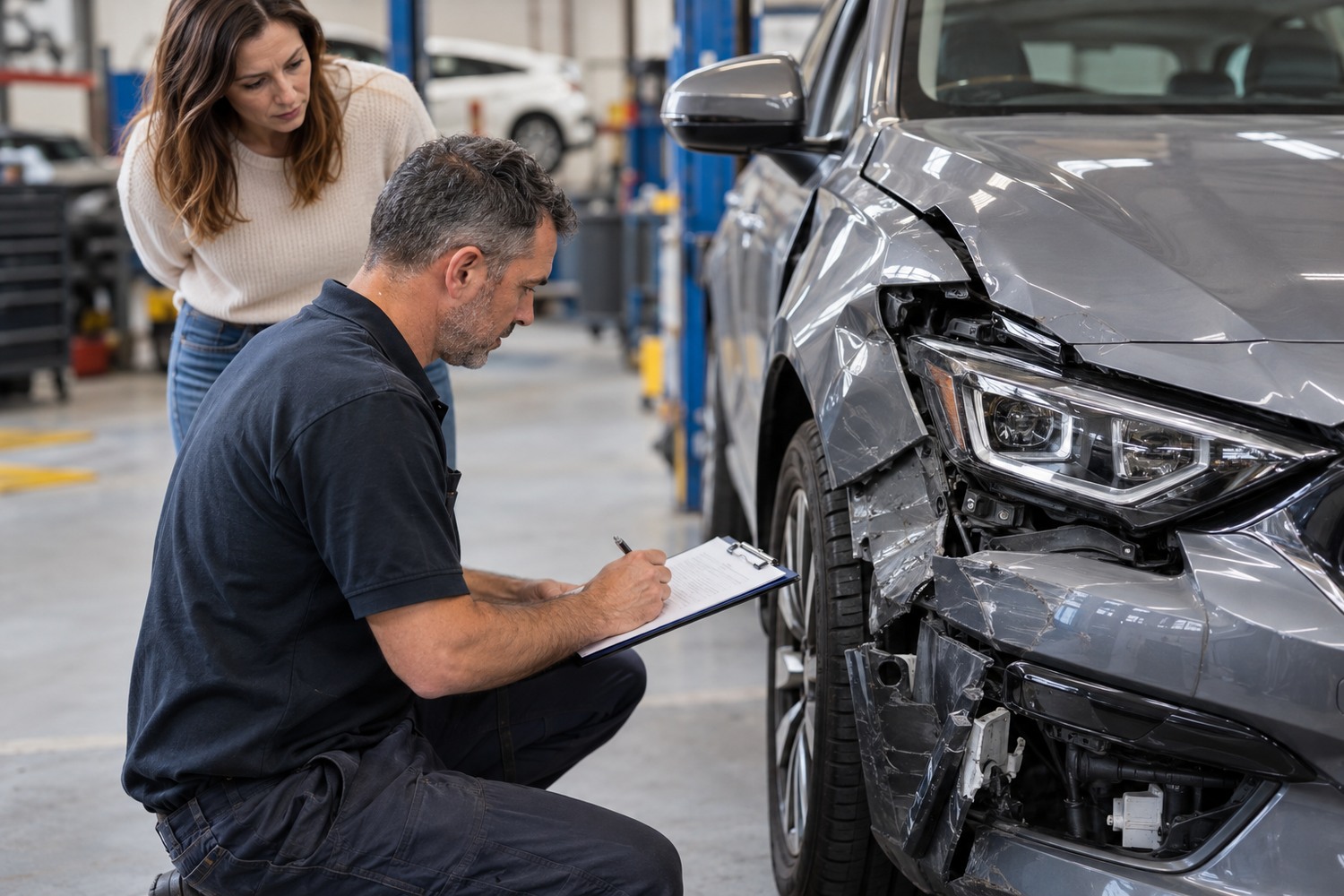 Independent repairer examining crash damage to prepare a written quote.