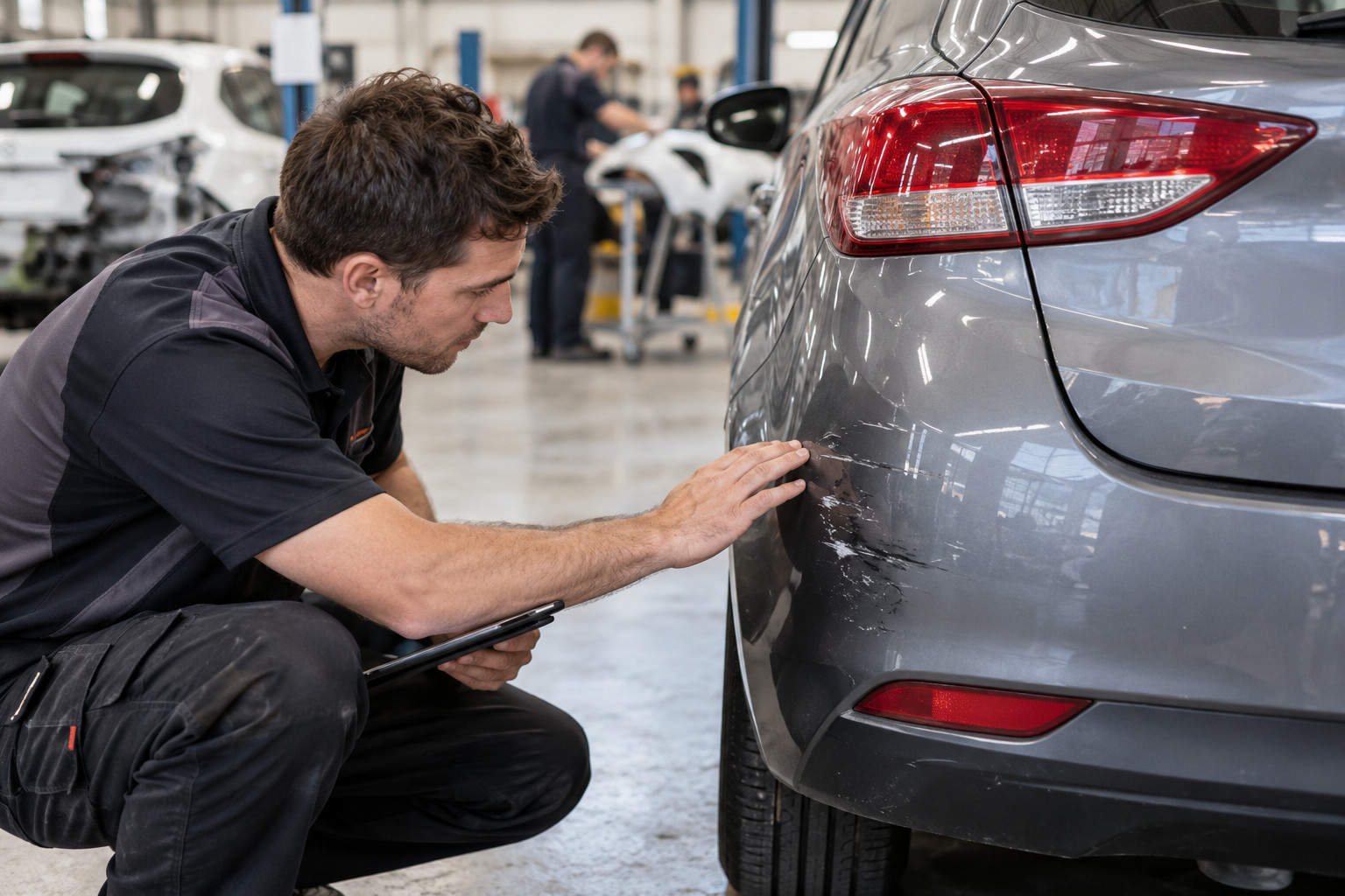 Technician inspects a scuffed rear bumper corner in a body shop.