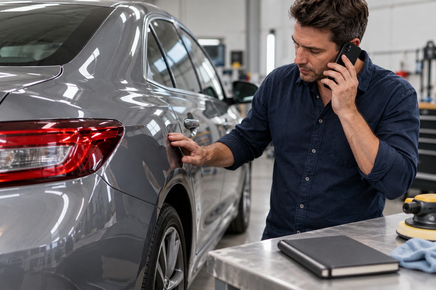 Owner checking repaint details by phone before booking paint protection.