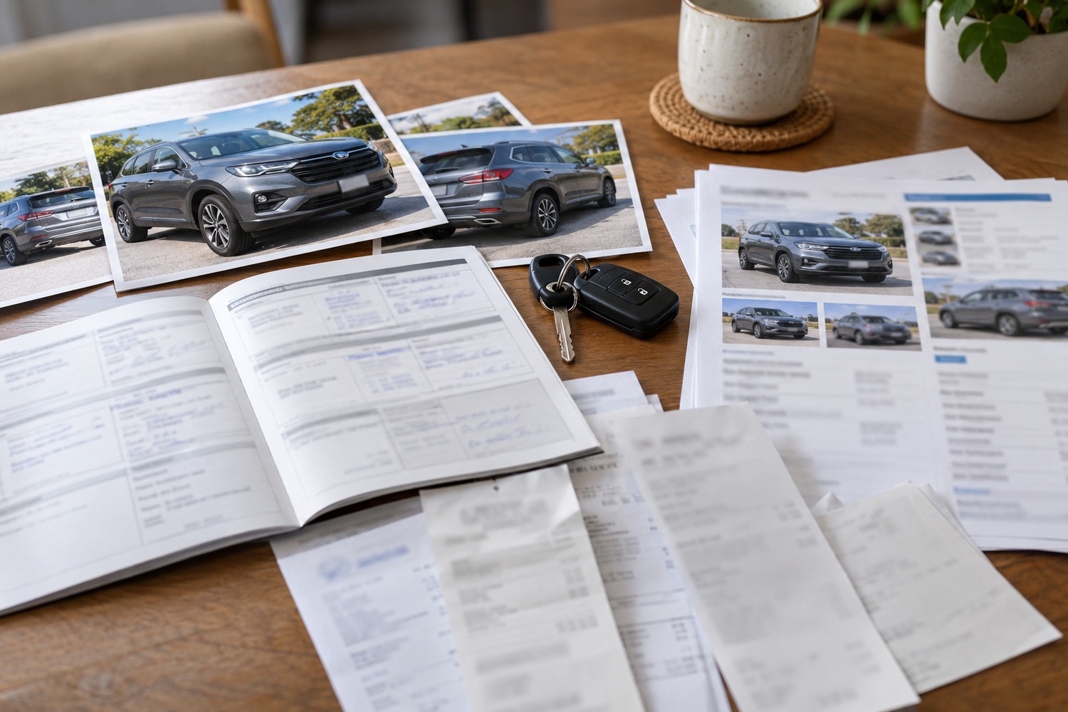 Pre-crash car photos, service records and comparable listings gathered for valuation.