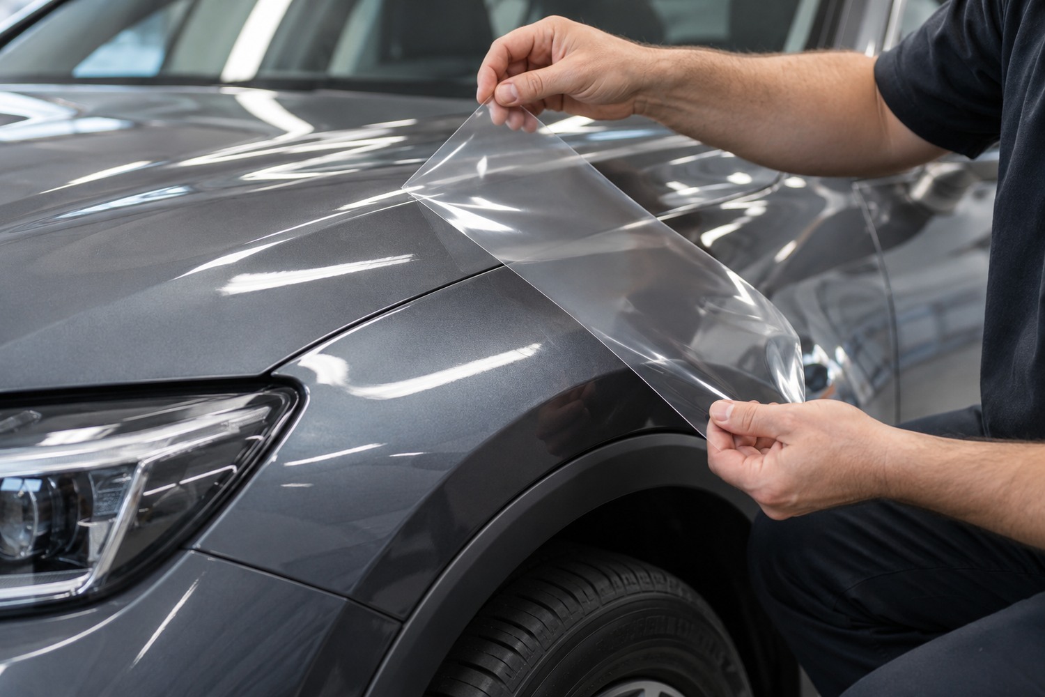 Installer assessing a repainted front wing with a clear film sample.