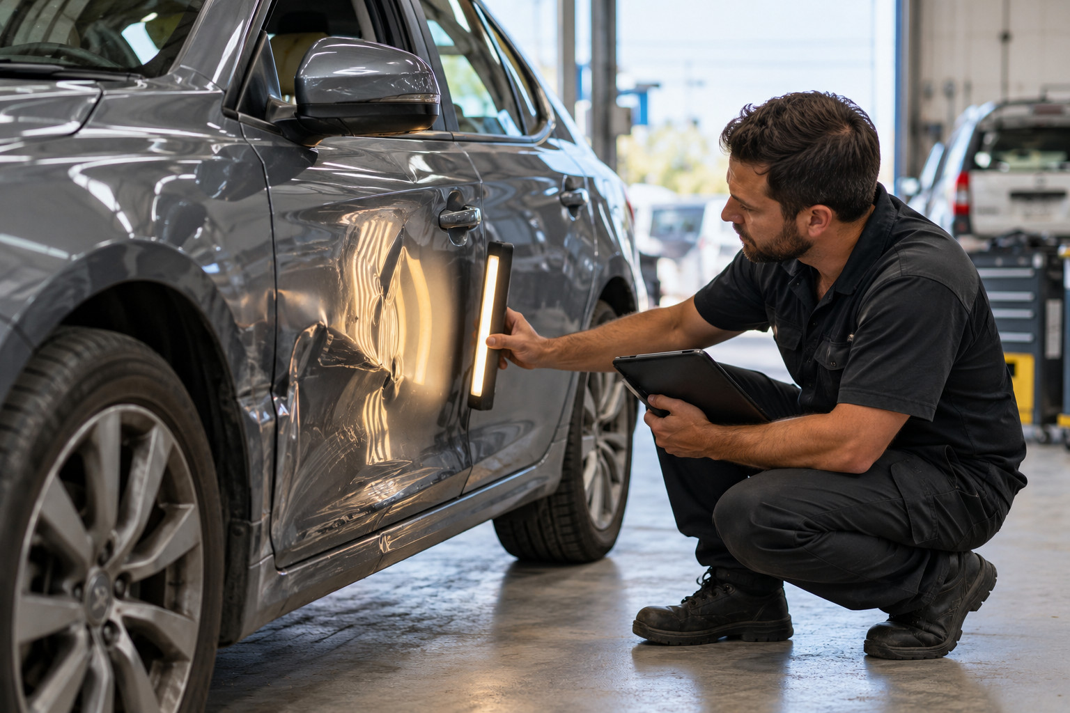 Estimator uses a light to inspect damage along a sedan's side panel.