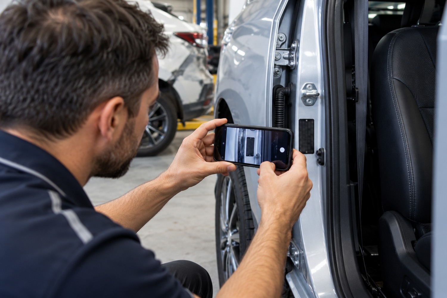 Assessor photographing a car's identification plate during vehicle assessment.