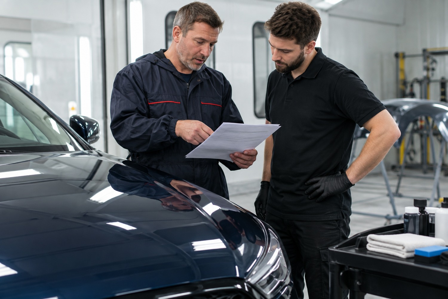 Repairer and coating installer checking paint details beside a repainted bonnet.